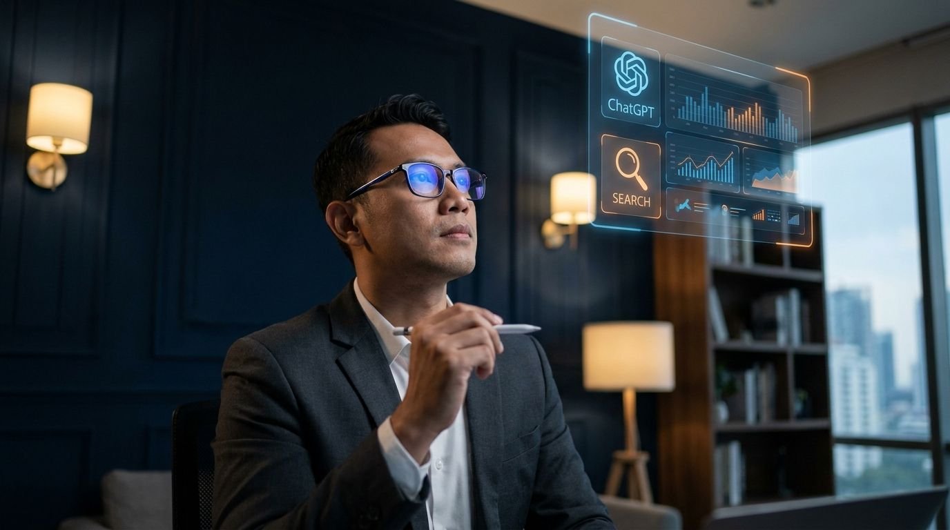 Ilustrasi AI Visibility — strategi agar bisnis Indonesia ditemukan di ChatGPT, Gemini, dan Perplexity