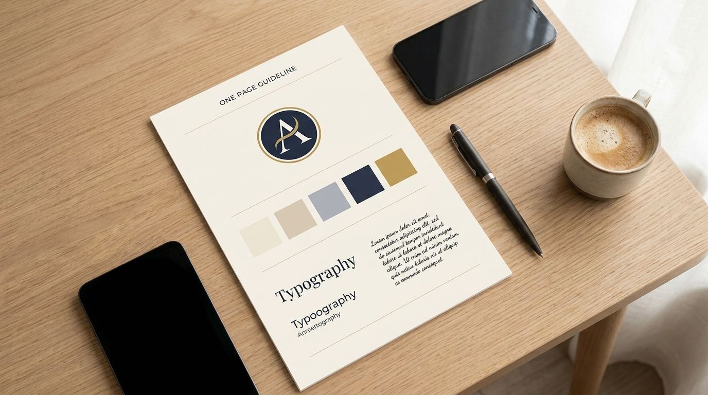 Brand guideline minimalis satu halaman untuk founder bisnis di Indonesia berisi logo, warna, dan tipografi