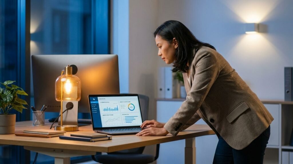 Pemilik bisnis Indonesia melakukan audit AI Visibility website sendiri menggunakan laptop