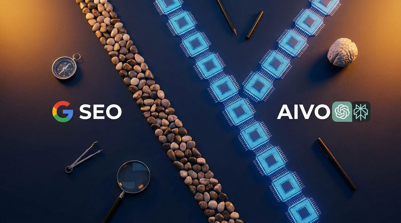 Ilustrasi perbedaan SEO dan AIVO — dua strategi berbeda untuk Google dan platform AI seperti ChatGPT