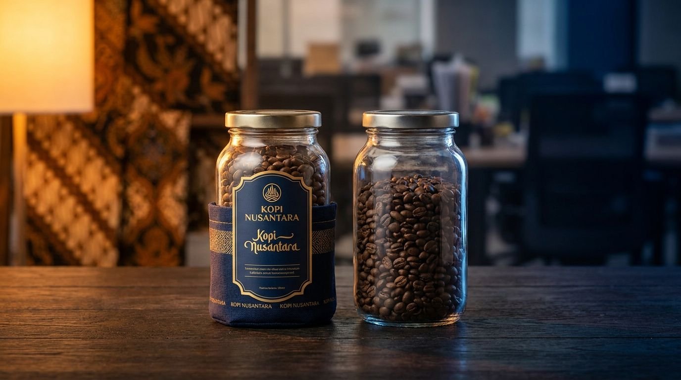 Ilustrasi dua produk identik — satu dengan brand kuat, satu tanpa — menggambarkan kenapa bisnis bagus bisa kalah tanpa brand yang dibangun