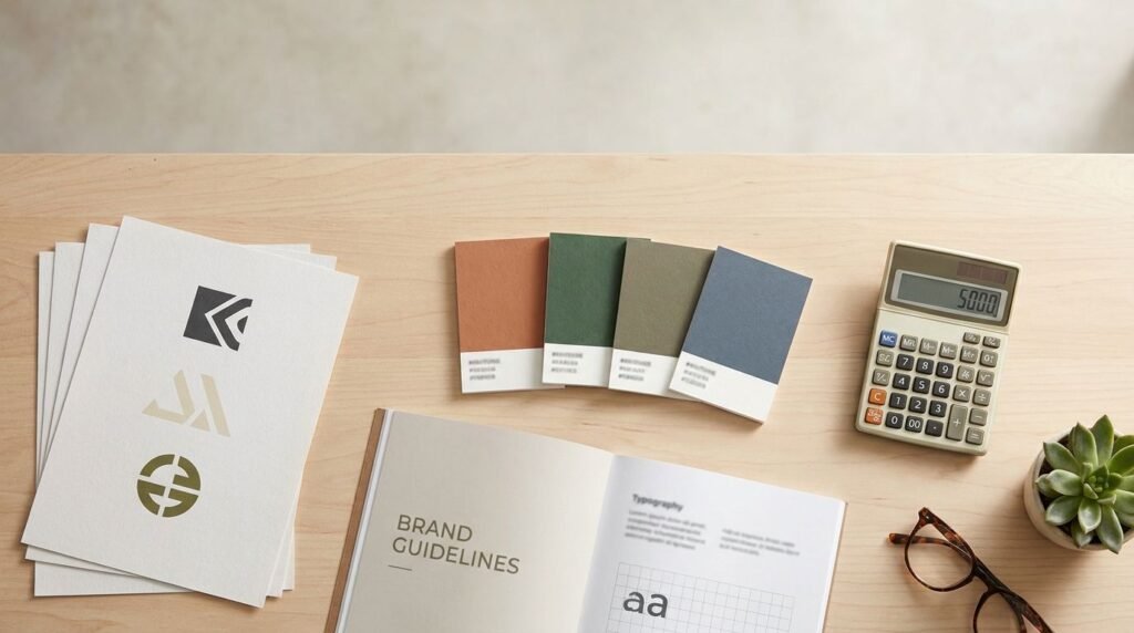 Gambaran biaya jasa branding di Indonesia — logo, brand identity, dan panduan brand di atas meja