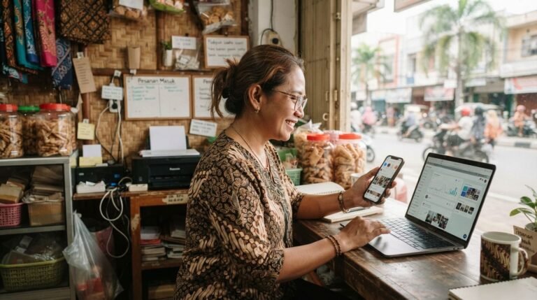 Pemilik UMKM Indonesia menjalankan digital marketing untuk usahanya di Balikpapan lewat HP dan laptop