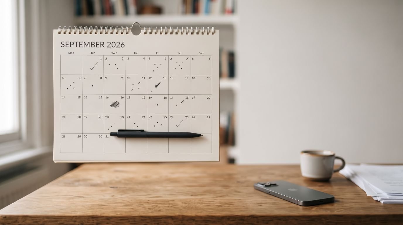 Kalender dinding dengan penanda merata sebagai gambaran menentukan berapa kali posting media sosial