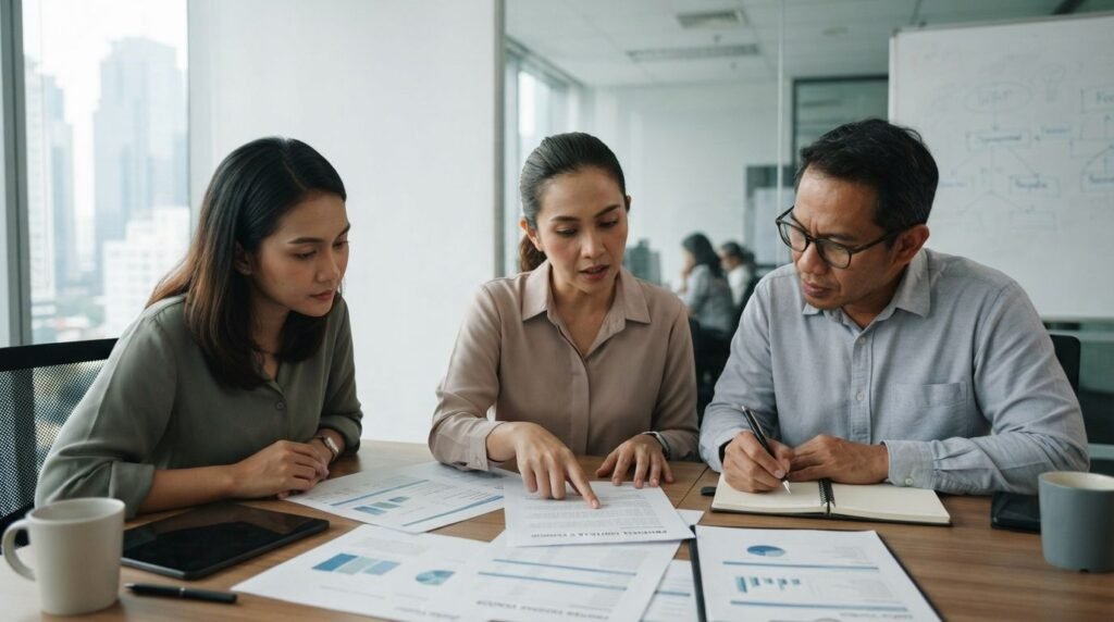 Tim menilai dokumen vendor di ruang rapat menggambarkan cara kerja branding bisnis B2B