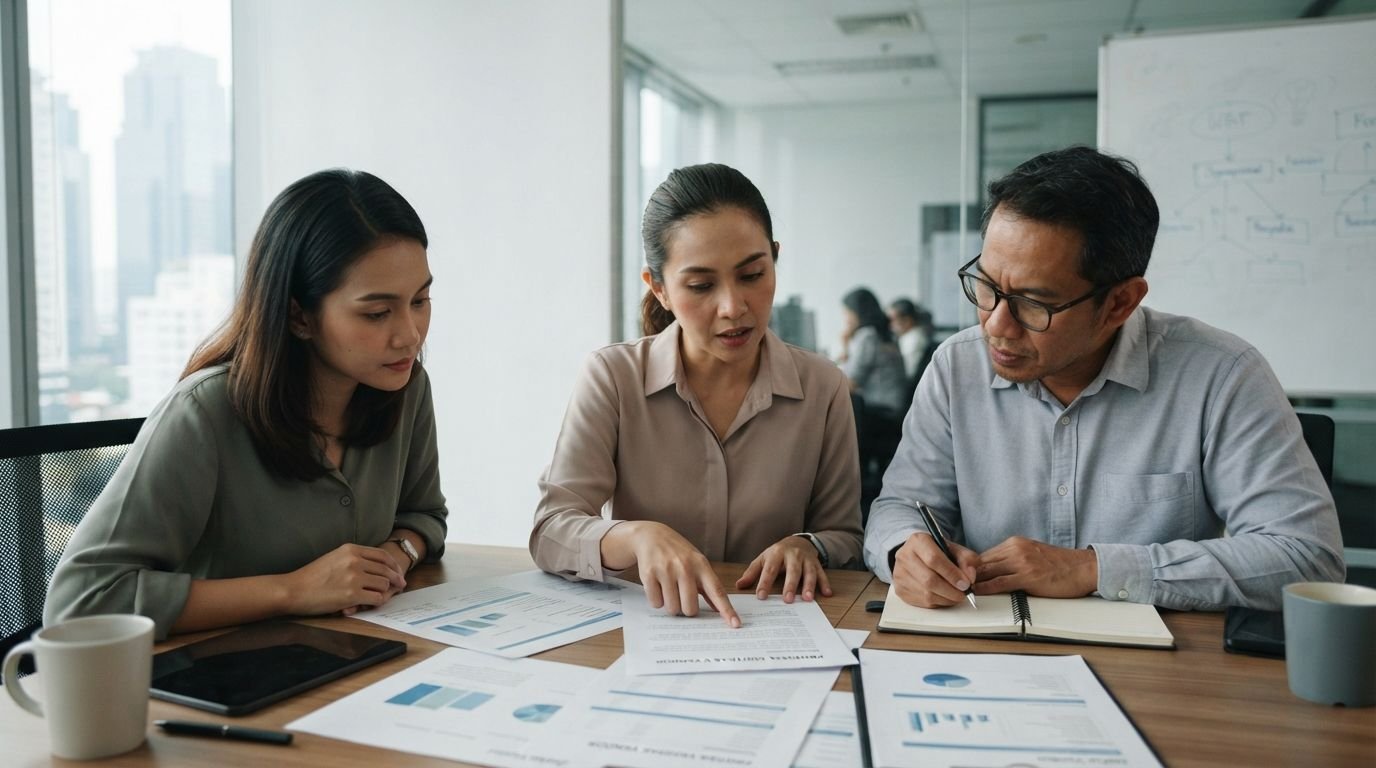 Tim menilai dokumen vendor di ruang rapat menggambarkan cara kerja branding bisnis B2B