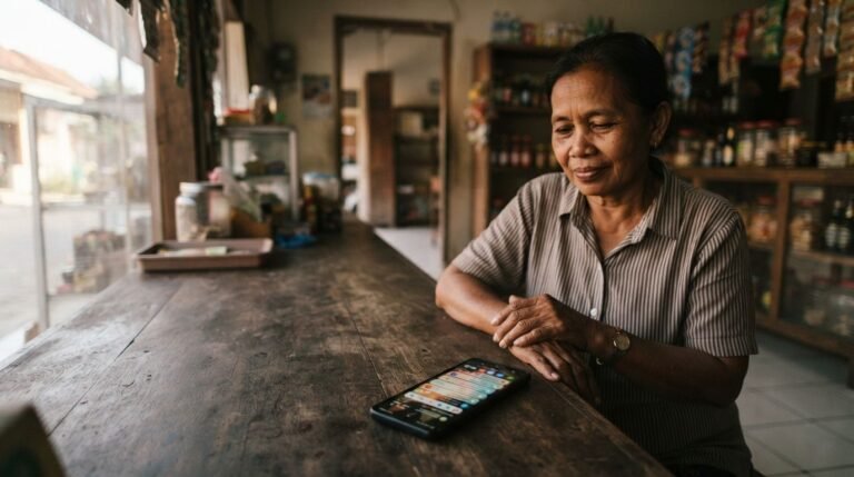 Ponsel penuh notifikasi di konter toko yang sepi menggambarkan follower banyak tapi sepi order