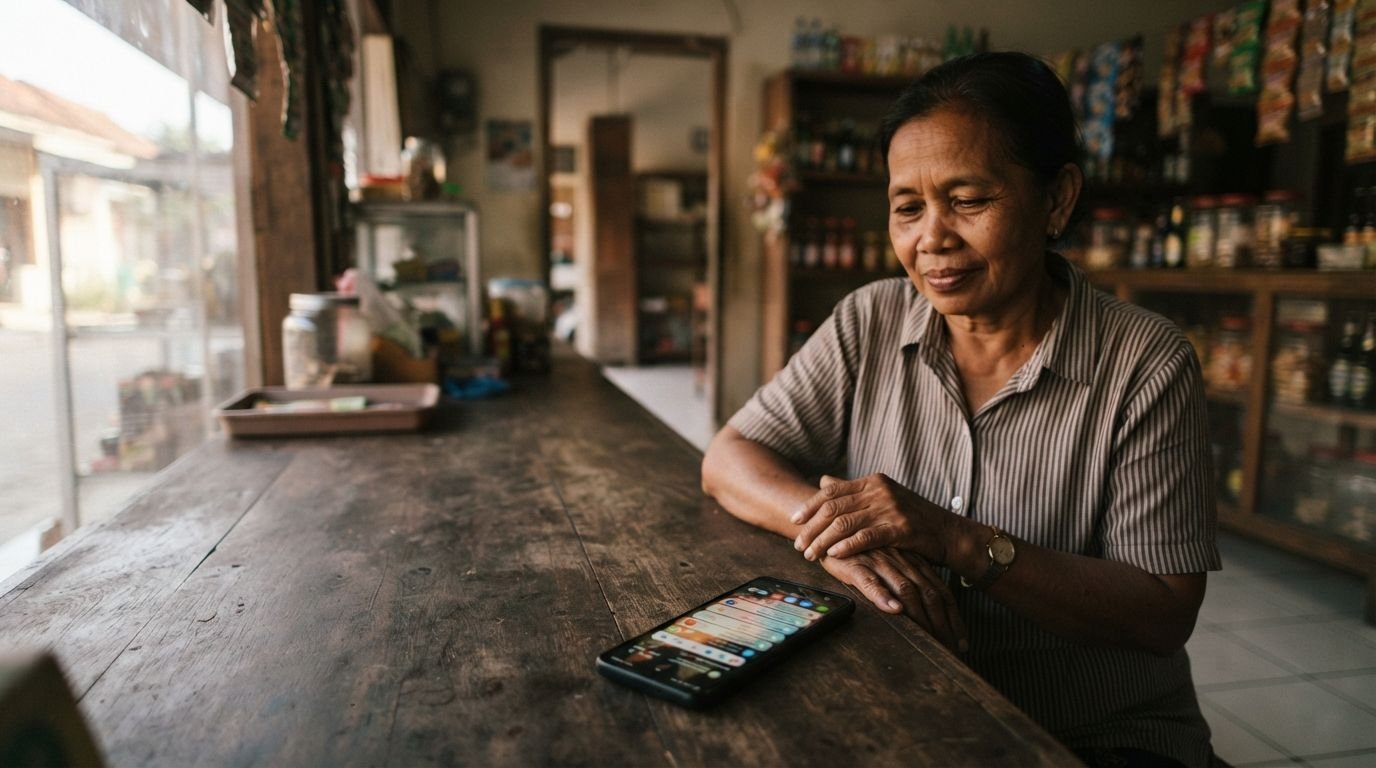 Ponsel penuh notifikasi di konter toko yang sepi menggambarkan follower banyak tapi sepi order