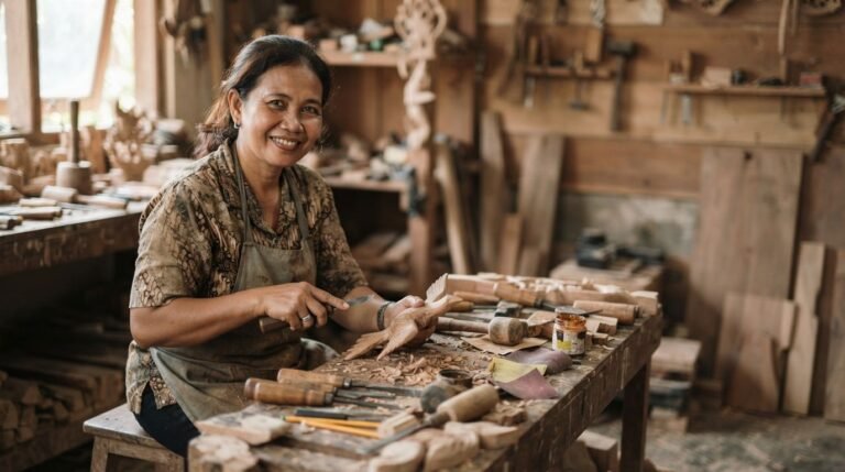 Foto asli pemilik usaha Indonesia di tempat kerjanya sebagai bahan halaman tentang kami yang meyakinkan