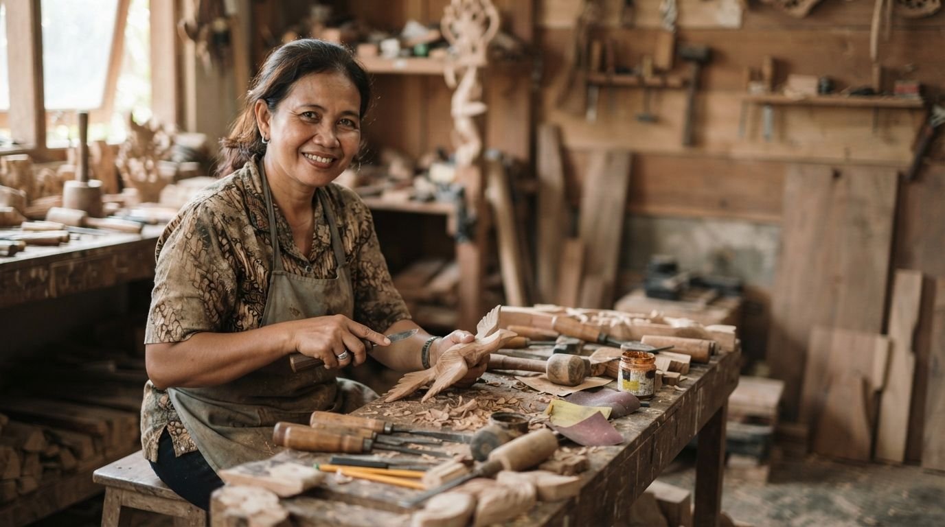 Foto asli pemilik usaha Indonesia di tempat kerjanya sebagai bahan halaman tentang kami yang meyakinkan