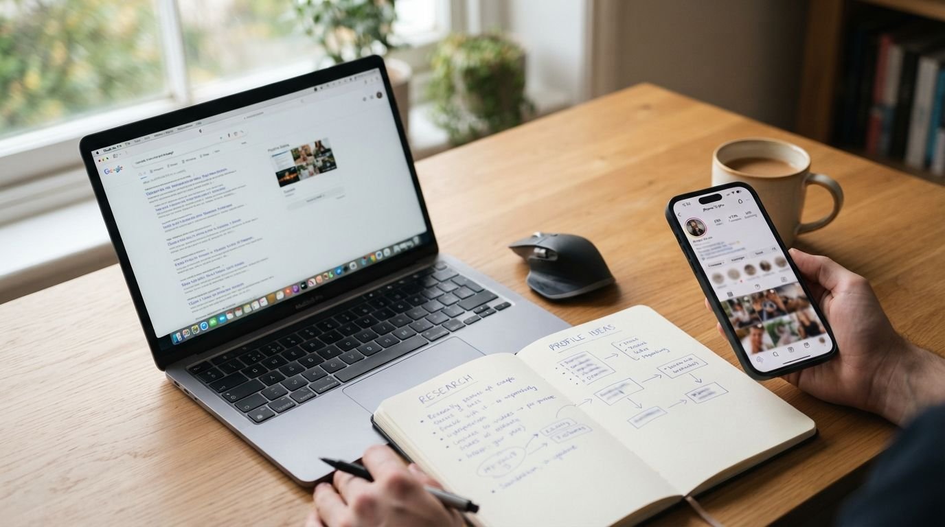 Layar hasil pencarian dan profil media sosial berdampingan menggambarkan hubungan media sosial dan SEO