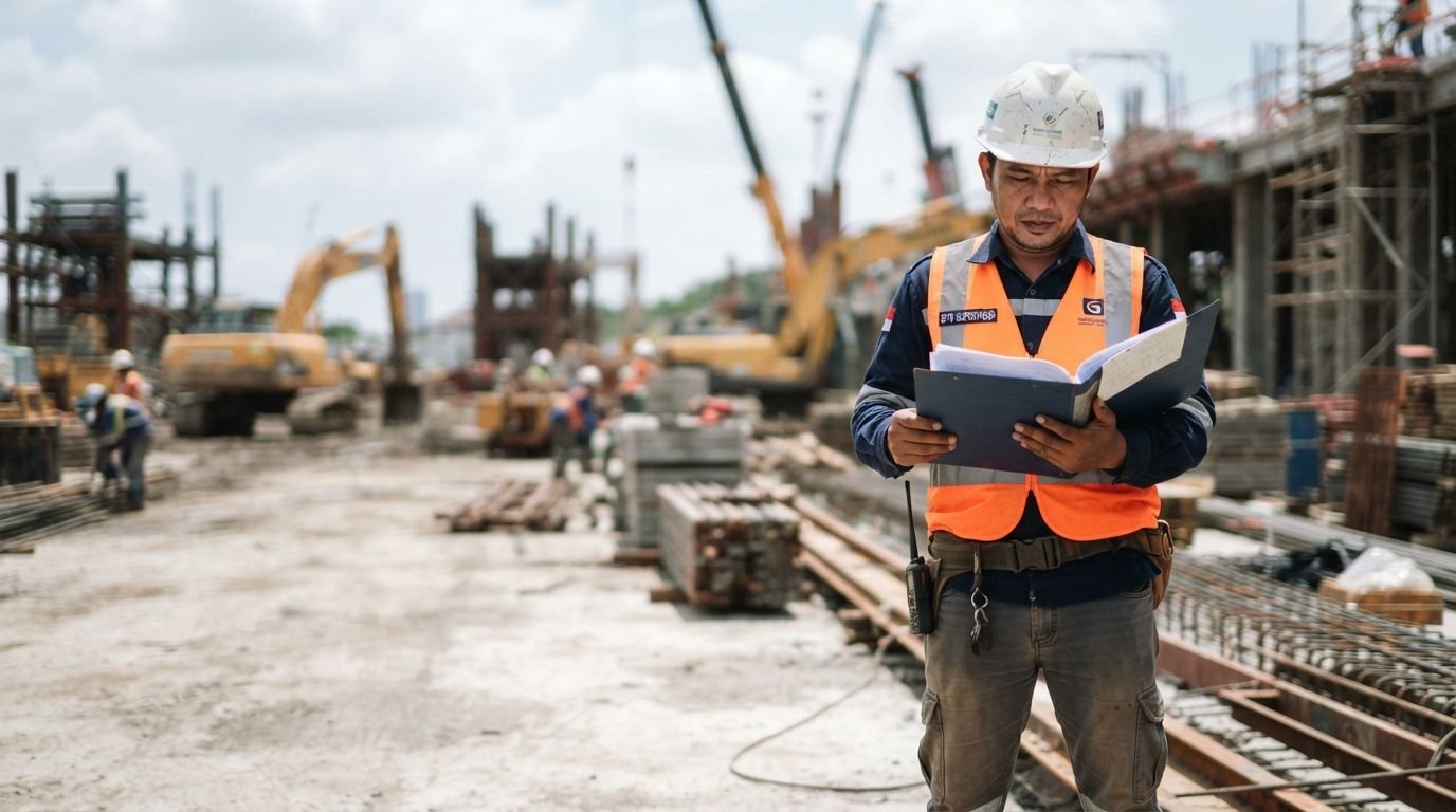 Pengawas proyek Indonesia memeriksa dokumen sebagai bahan website untuk kontraktor dan pemasok