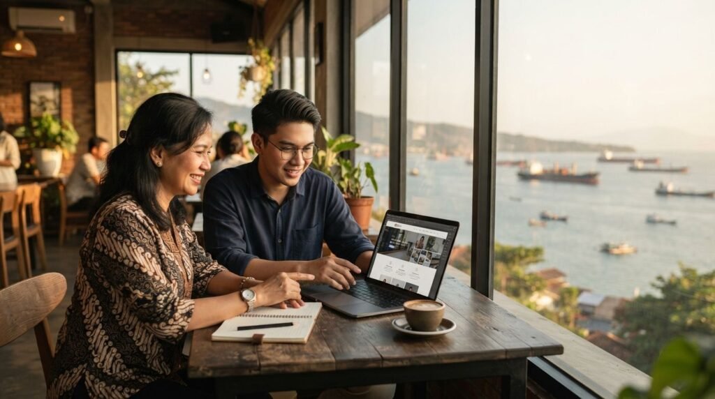 Pemilik usaha Indonesia berdiskusi dengan perancang web saat memilih jasa pembuatan website Balikpapan di Kalimantan Timur